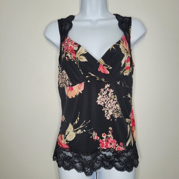 Vintage y2k black pink lace trim party moody floral going out top size large - Picture 1 of 7